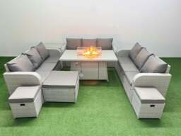 Rackhams PE Rattan Lounge Sofa Set 12 Seater Outdoor Garden Furniture Set with Fire Pit Dining Table 3 Seater Sofa 3 Stools Side Table Light Grey - thumbnail 1