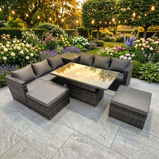 Rackhams 8 Seater Rattan Garden Furniture Set with 2 Sofas, Height Adjustable Rising Table, 2 Stools & 1 Side Table - Dark Grey - image 1