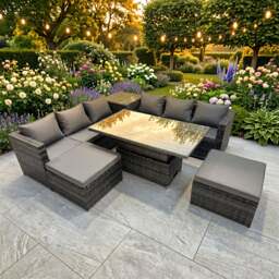 Rackhams 8 Seater Rattan Garden Furniture Set with 2 Sofas, Height Adjustable Rising Table, 2 Stools & 1 Side Table - Dark Grey - thumbnail 1