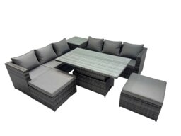 Rackhams 8 Seater Rattan Garden Furniture Set with 2 Sofas, Height Adjustable Rising Table, 2 Stools & 1 Side Table - Dark Grey - thumbnail 3