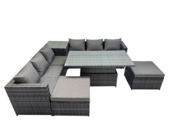 Rackhams 8 Seater Rattan Garden Furniture Set with 2 Sofas, Height Adjustable Rising Table, 2 Stools & 1 Side Table - Dark Grey - thumbnail 2