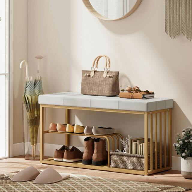 Rackhams Shoe Storage Bench with Seat Cushion Tufted Shoe Rack Bench - Grey - image 1