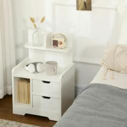 Rackhams Bedside Table, Small Bedside Cabinet with 2 Drawers and Storage Shelves, Modern Nightstand for Bedroom, White - White - thumbnail 2