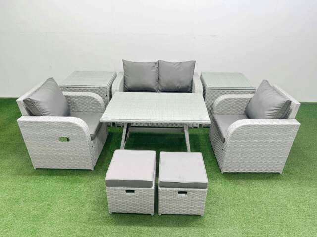 Rackhams Light Grey PE Wicker Rattan Garden Furniture Set Sofa Set Reclining Chair Love Sofa Rectangular Dining Table 2 Small Stools 2 Side Tables - image 1