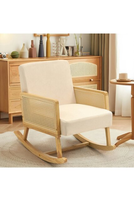 Rackhams Beige Linen Wooden Rocking Chair - Beige - image 1