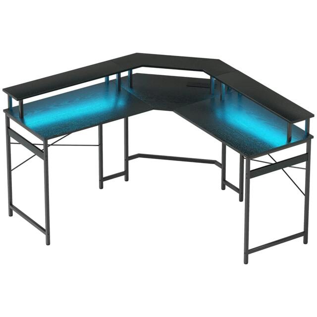 Rackhams 'L' Shaped Work Desk, with LED Lights - Black