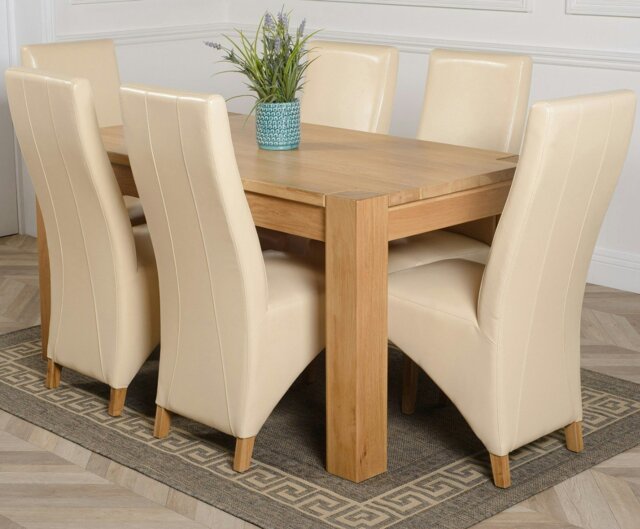 Rackhams Kuba Medium Oak Dining Table with Lola Leather Chairs - 6 chairs - Ivory - image 1
