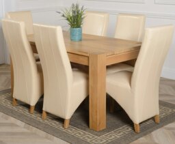 Rackhams Kuba Medium Oak Dining Table with Lola Leather Chairs - 6 chairs - Ivory