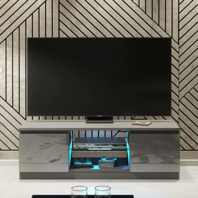 Rackhams Stunning 120cm TV Unit Modern Cabinet TV Stand Grey High Gloss Doors Free LED - 120 cm - 1 -  MDF/Chipboard - image 1