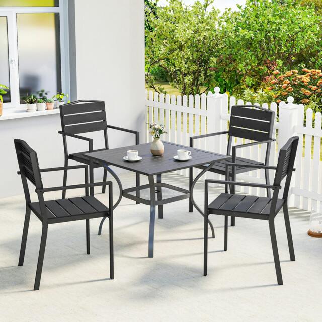 Rackhams Garden Chairs Set of 4, Garden Dining Chairs, HDPE Seat, Black - Metal, HDPE - Black - 52 x 51 x 90 cm