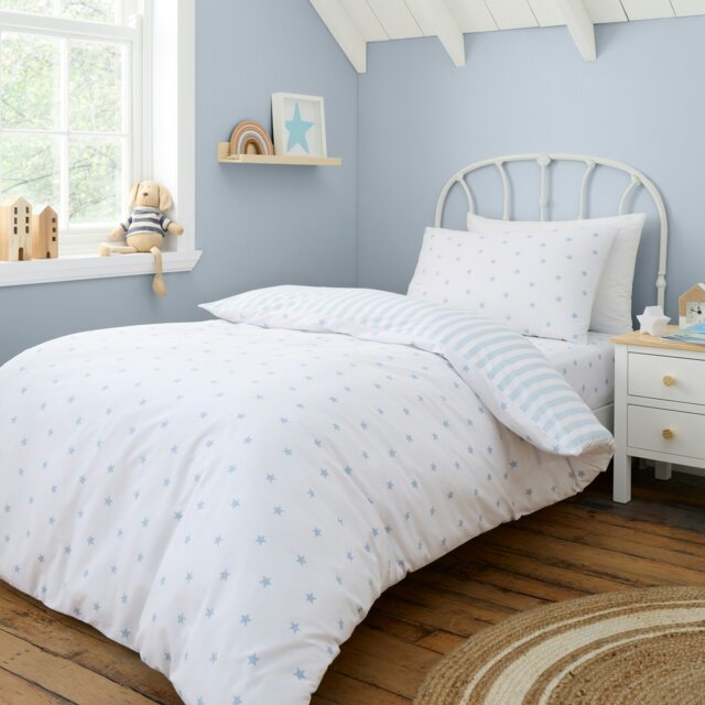 Rackhams Mini Star & Stripes Reversible Cotton Duvet Cover Set Blue - Double - Blue - image 1