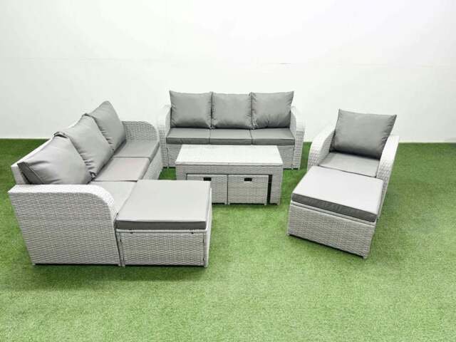 Rackhams Outdoor Garden Furniture Set PE Rattan 3 Seater Sofa Reclining Chair Set with Oblong Coffee Table 4 Footstools Light Grey - image 1