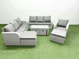 Rackhams Outdoor Garden Furniture Set PE Rattan 3 Seater Sofa Reclining Chair Set with Oblong Coffee Table 4 Footstools Light Grey - thumbnail 1