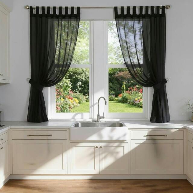 Rackhams Voile Tab Top Curtain Pair with Crystal Tie Backs Sheer Window Panels - Black - 150cm width x 137cm drop - image 1
