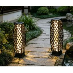 Rackhams Set of 2 Solar Rattan Lantern Floor Lamps LED Garden Lights Charcoal - thumbnail 5