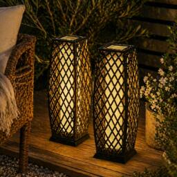Rackhams Set of 2 Solar Rattan Lantern Floor Lamps LED Garden Lights Charcoal - thumbnail 2