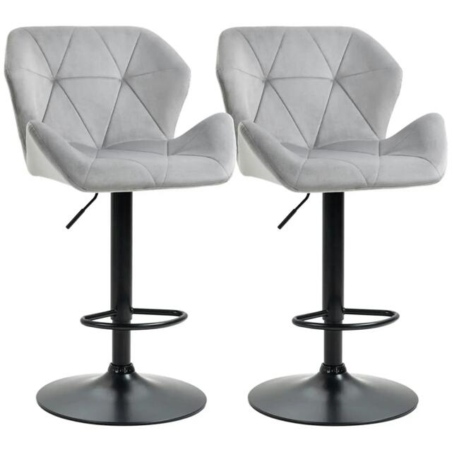 Rackhams Bar Stools Set Of 2, Luxurious Velvet-Touch Barstools with Metal Frame Footrest Round Base Triangle Indenting Moulded Seat, Grey - image 1