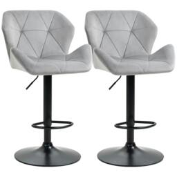 Rackhams Bar Stools Set Of 2, Luxurious Velvet-Touch Barstools with Metal Frame Footrest Round Base Triangle Indenting Moulded Seat, Grey - thumbnail 1
