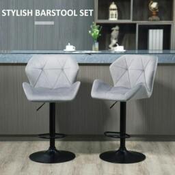 Rackhams Bar Stools Set Of 2, Luxurious Velvet-Touch Barstools with Metal Frame Footrest Round Base Triangle Indenting Moulded Seat, Grey - thumbnail 4
