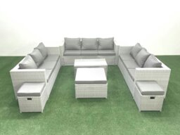 Rackhams Rattan Garden Outdoor Furniture Set 12 Seater Garden Sofa Coffee Table Set with 3 Footstools Light Grey Mixed - thumbnail 1