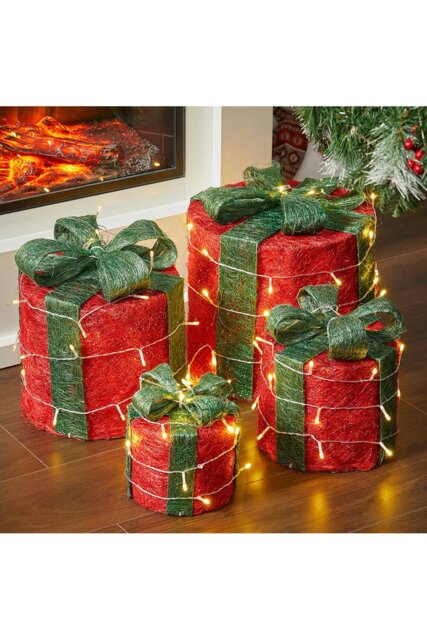 Rackhams 4Pcs Round Christmas Gift Boxes with LED Light Bowknot Decor - Red - image 1