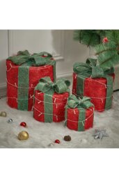 Rackhams 4Pcs Round Christmas Gift Boxes with LED Light Bowknot Decor - Red - thumbnail 2