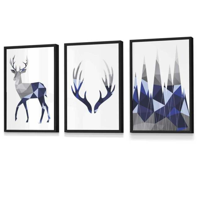 Rackhams Geometric Navy Blue Grey Stags Framed Wall Art Set - 42x59cm (A2) - Black - image 1