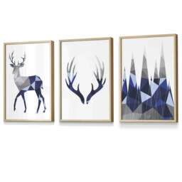 Rackhams Geometric Navy Blue Grey Stags Framed Wall Art Set - 42x59cm (A2) - Black - thumbnail 6