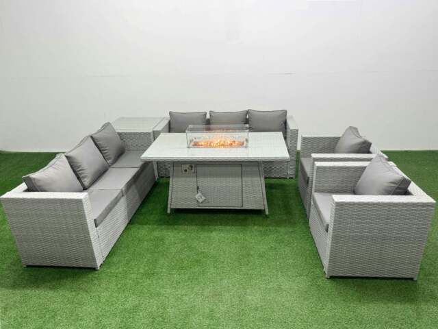 Rackhams 8 Seat PE Rattan Lounge Sofa Set Outdoor Garden Furniture Set with Fire Pit Dining Table 3 Seater Sofa Side Table Light Grey - image 1