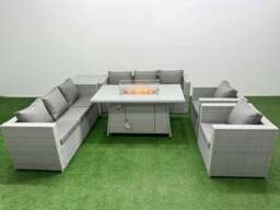 Rackhams 8 Seat PE Rattan Lounge Sofa Set Outdoor Garden Furniture Set with Fire Pit Dining Table 3 Seater Sofa Side Table Light Grey - thumbnail 1