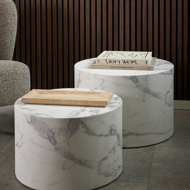 Rackhams Dice Round Coffee Table Set of 2 in White Marble and Carrara Rough Paper - white - White - 58 - image 1