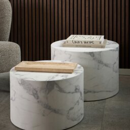 Rackhams Dice Round Coffee Table Set of 2 in White Marble and Carrara Rough Paper - white - White - 58