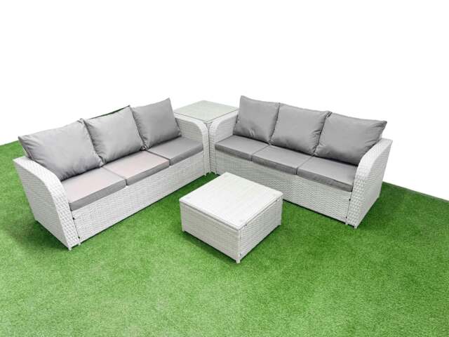 Rackhams Outdoor Garden Furniture Sets 6 Seater Wicker Rattan Furniture Sofa Sets with Square Coffee Table high Back Lounge Sofa Side Table Light Grey - image 1
