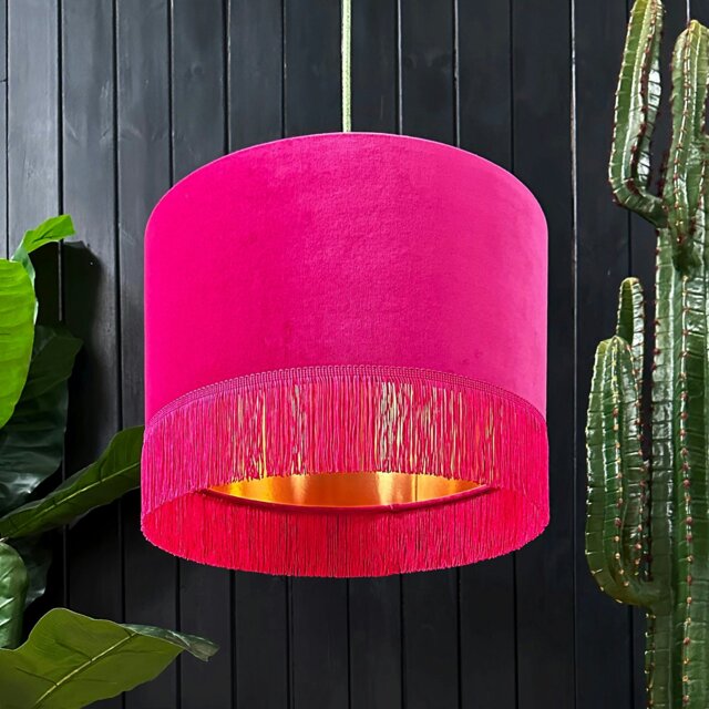 "Rackhams Raspberry Velvet Lampshade With Copper Foil Lining and Fringing - Ceiling Pendant / Arc Lamp - 70cm Diameter x 30cm Height / (27"" x 12"")" - image 1