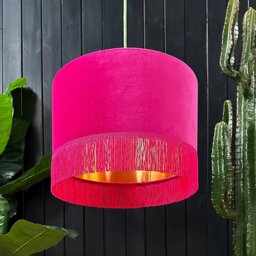 "Rackhams Raspberry Velvet Lampshade With Copper Foil Lining and Fringing - Ceiling Pendant / Arc Lamp - 70cm Diameter x 30cm Height / (27"" x 12"")"
