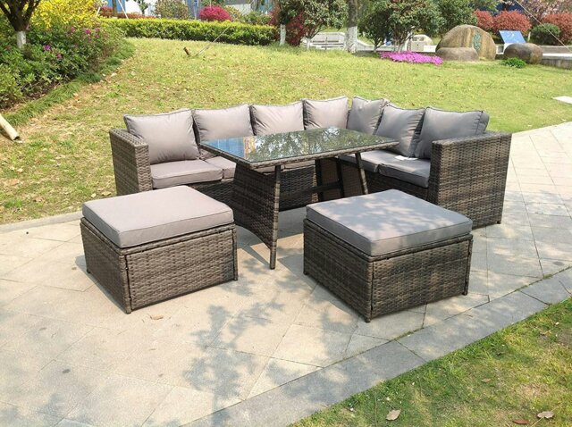 Rackhams 8 Seater Grey Rattan Corner Sofa Set Dining Table 2 Big Footstool Garden Furniture Outdoor With Clear Tempered Glass - image 1
