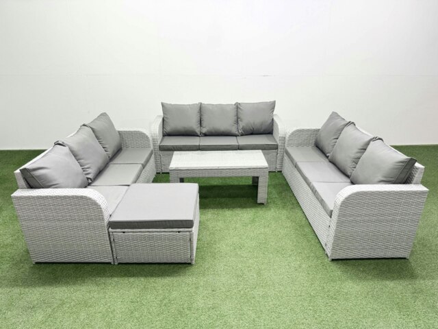 Rackhams PE Rattan Lounge Sofa Set 10 Seater Outdoor Garden Furniture Set with Oblong Coffee Table 3 Seater Sofa Big Footstool Light Grey - image 1
