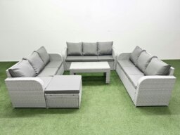 Rackhams PE Rattan Lounge Sofa Set 10 Seater Outdoor Garden Furniture Set with Oblong Coffee Table 3 Seater Sofa Big Footstool Light Grey - thumbnail 1
