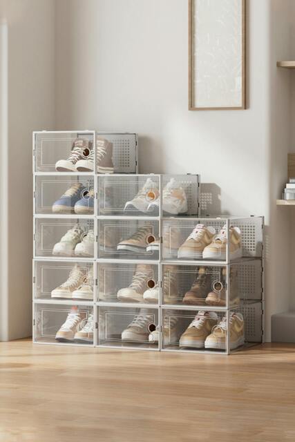 Rackhams 12Pcs Plastic Stackable Shoe Storage Box Organiser - White - One Size - image 1