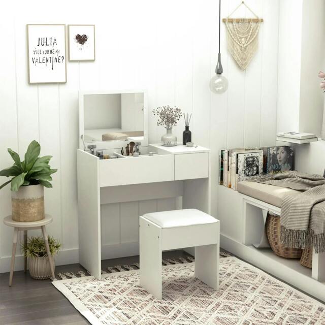 Rackhams Makeup Desk with Drawer, Vanity Table Set with Flip-up Mirror and Cushioned Stool, White - White - image 1
