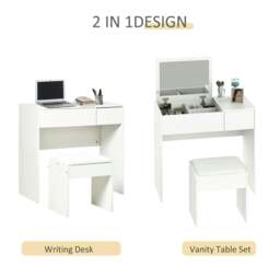 Rackhams Makeup Desk with Drawer, Vanity Table Set with Flip-up Mirror and Cushioned Stool, White - White - thumbnail 4