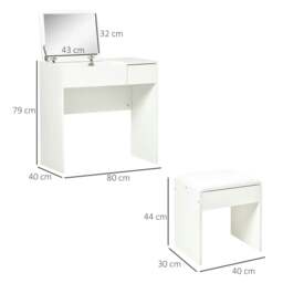 Rackhams Makeup Desk with Drawer, Vanity Table Set with Flip-up Mirror and Cushioned Stool, White - White - thumbnail 3