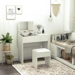 Rackhams Makeup Desk with Drawer, Vanity Table Set with Flip-up Mirror and Cushioned Stool, White - White - thumbnail 1