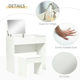 Rackhams Makeup Desk with Drawer, Vanity Table Set with Flip-up Mirror and Cushioned Stool, White - White - thumbnail 6