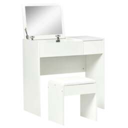 Rackhams Makeup Desk with Drawer, Vanity Table Set with Flip-up Mirror and Cushioned Stool, White - White - thumbnail 2