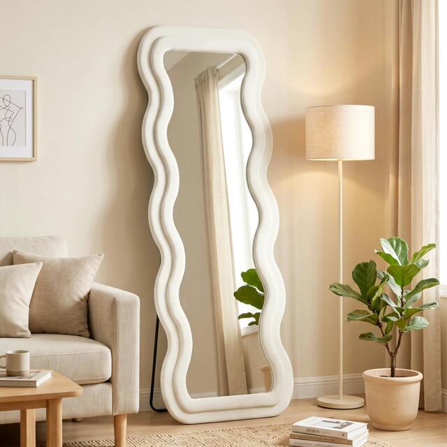 Rackhams Full Length Mirror, 160 x 60 cm Velvet Wall Standing Mirror, Cream - image 1