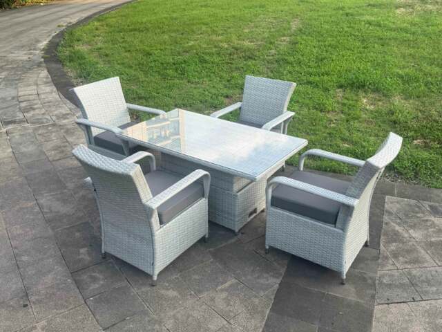 Rackhams Light Grey Rattan Outdoor Garden furniture Set Height Adjustable Rising Lifting Table and 4 Chairs Set with Seat Cushion - image 1