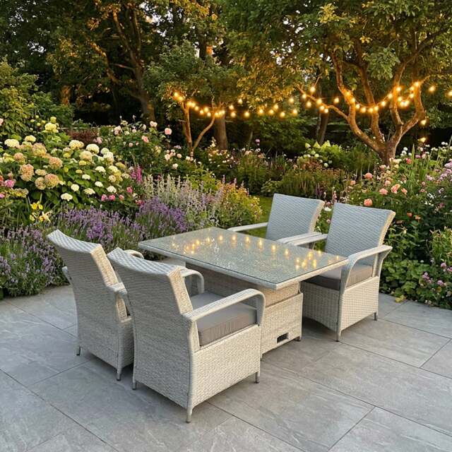 Rackhams Light Grey Rattan Outdoor Garden furniture Set Height Adjustable Rising Lifting Table and 4 Chairs Set with Seat Cushion - image 1