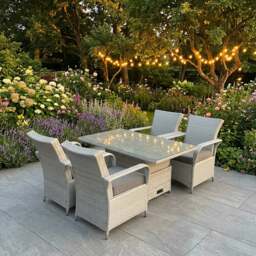 Rackhams Light Grey Rattan Outdoor Garden furniture Set Height Adjustable Rising Lifting Table and 4 Chairs Set with Seat Cushion