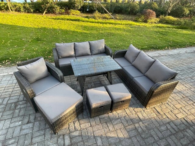 Rackhams Wicker 7 Pieces Rattan Garden Furniture Sofa Set with Rectangular Dining Table Armchair 3 Footstools Dark Grey Mixed - image 1